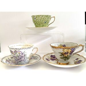 Rosina Bone China Teacup & Saucer Lot England VTG Floral Gold Trim Cottagecore